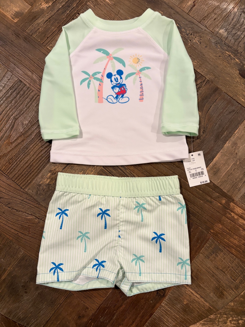 NWT Disney Baby Mickey Mouse Rash Guard Swim Trunks Set Mint Green 6M